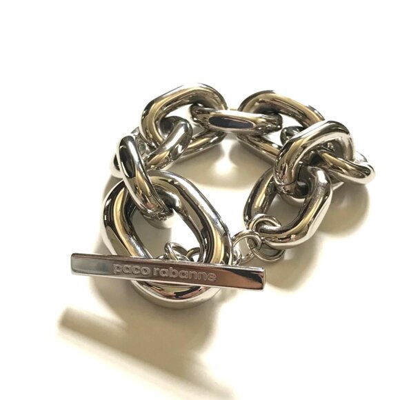 Paco Rabanne Silver Tone Chain Link Bracelet Womens Toggle Logo Engraved Brass - Picture 9 of 11
